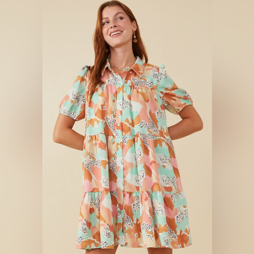 Hayden Mint, Coral & Peach Tiered Mini Dress
